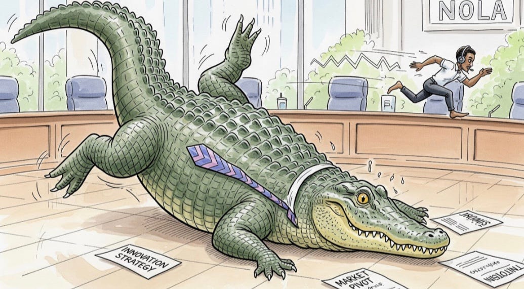 Cartoon image of corporate alligator racing Jean Baptiste Vogel indoors.