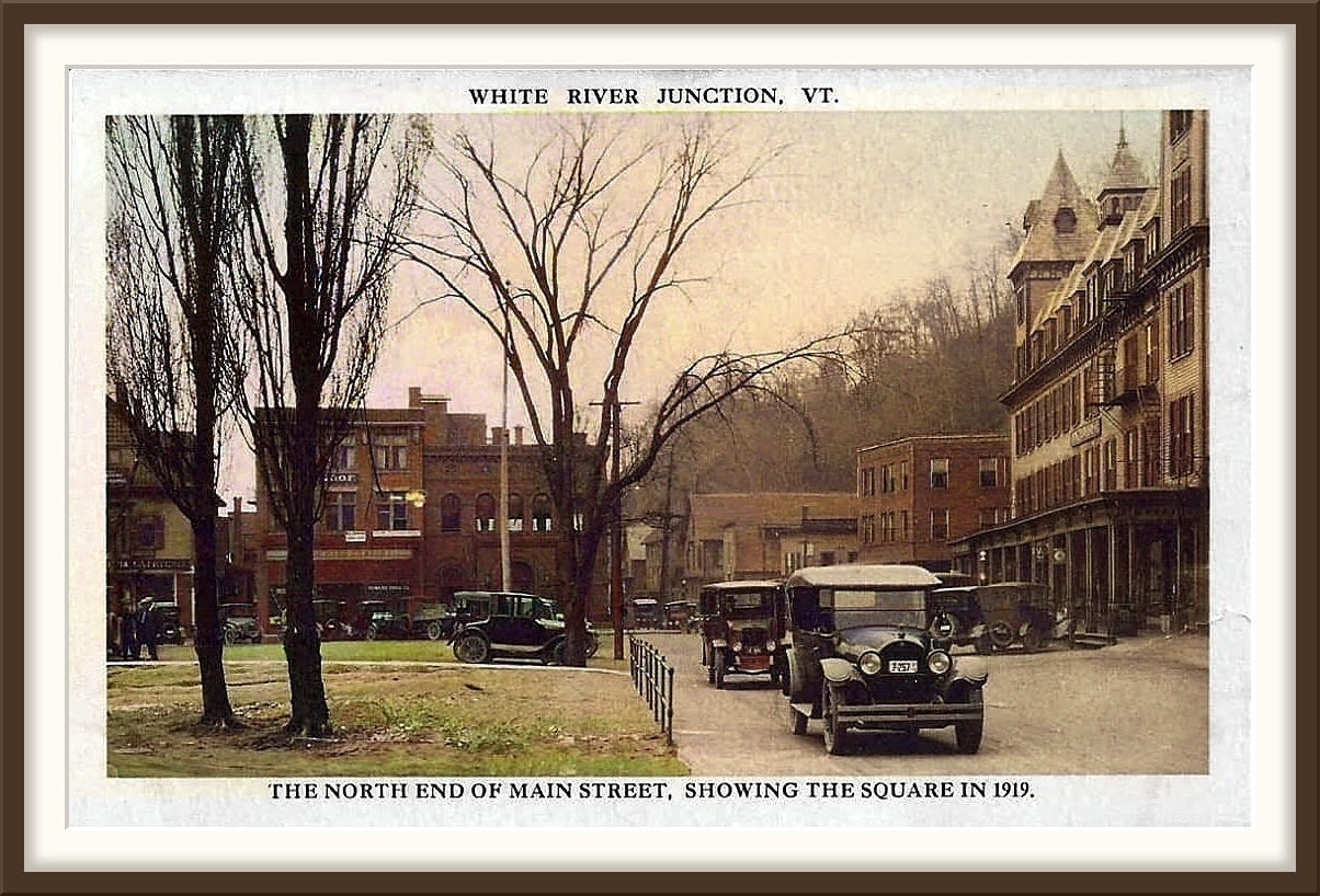 The north end of Main Street in White River Junction, showing the Square in 1919, colorized The north end of Main Street in White River Junction, showing the Square in 1919, colorized