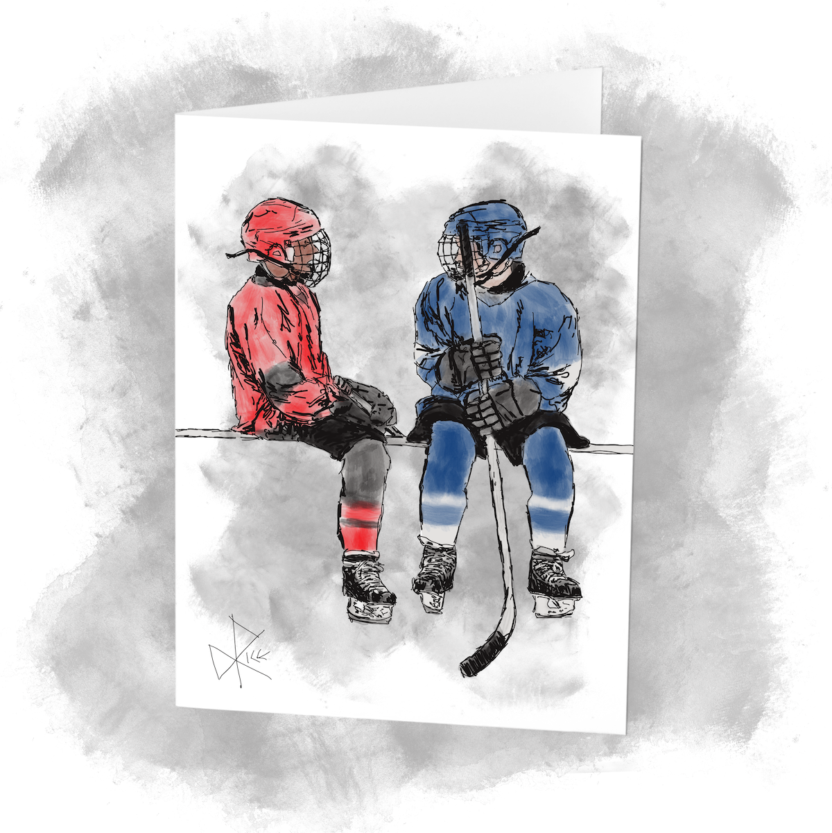 Two minor hockey players from opposing teams, geared up and conversing before they play against each other. Sketch art by Don Rice. Two minor hockey players from opposing teams, geared up and conversing before they play against each other. Sketch art by Don Rice.