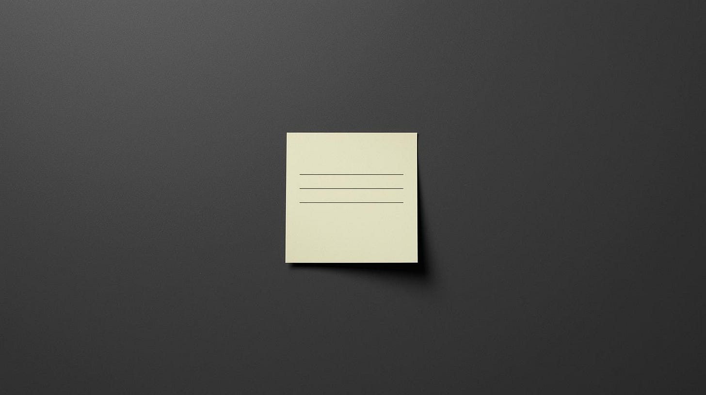 A minimalist image showing a blank sticky note with three lines, placed on a dark background — evoking stillness, simplicity, and mental clarity.