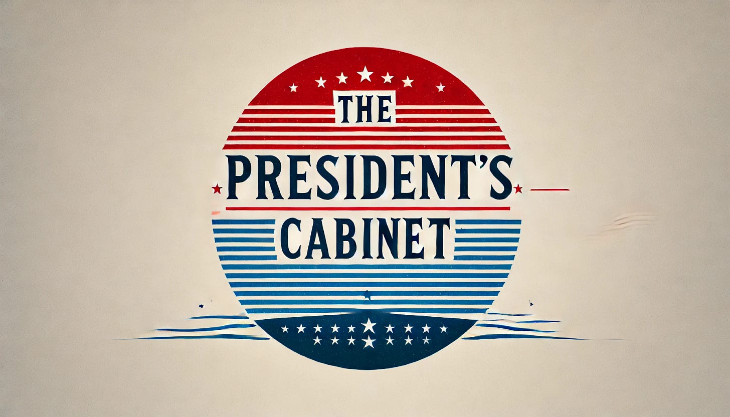 Create a simple, minimalist landscape graphic for the title 'THE PRESIDENT'S CABINET' in red, white, and blue. Use bold, clean typography to emphasize the title and add subtle patriotic elements, like faint stars or stripes in the background. Keep the design uncluttered and professional, reflecting the formality of the President’s Cabinet, suitable for a headline or official announcement.