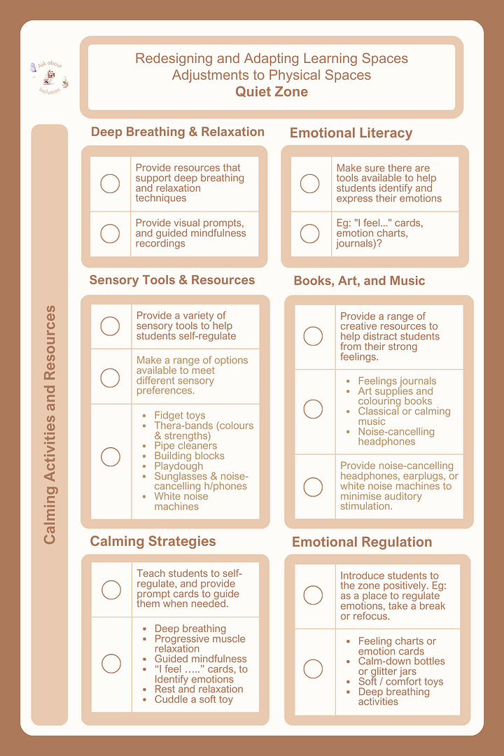 A checklist with everything teachers need to set up a Designated Quiet Zone in the classroom