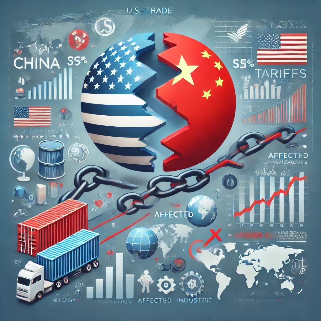 A professional and informative illustration representing the global economic implications of U.S.–China trade tensions. The image features symbolic elements such as the flags of the U.S. and China, a broken supply chain linking the two countries, fluctuating stock market charts, and global trade routes. Icons like shipping containers, tariffs, and affected industries (e.g., technology and agriculture) are included to depict economic consequences. The background includes a muted world map, emphasizing the global nature of the tensions. The color palette uses shades of blue, red, and neutral tones to maintain a balanced and professional tone.