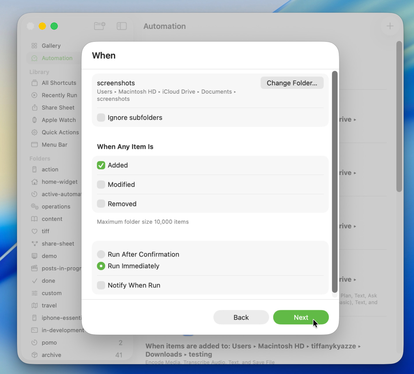 Mac Shortcuts automation settings showing a folder trigger configured for a screenshots folder. The automation runs when a new file is added, with “Run Immediately” selected so screenshots are processed automatically without confirmation. Mac Shortcuts automation settings showing a folder trigger configured for a screenshots folder. The automation runs when a new file is added, with “Run Immediately” selected so screenshots are processed automatically without confirmation.