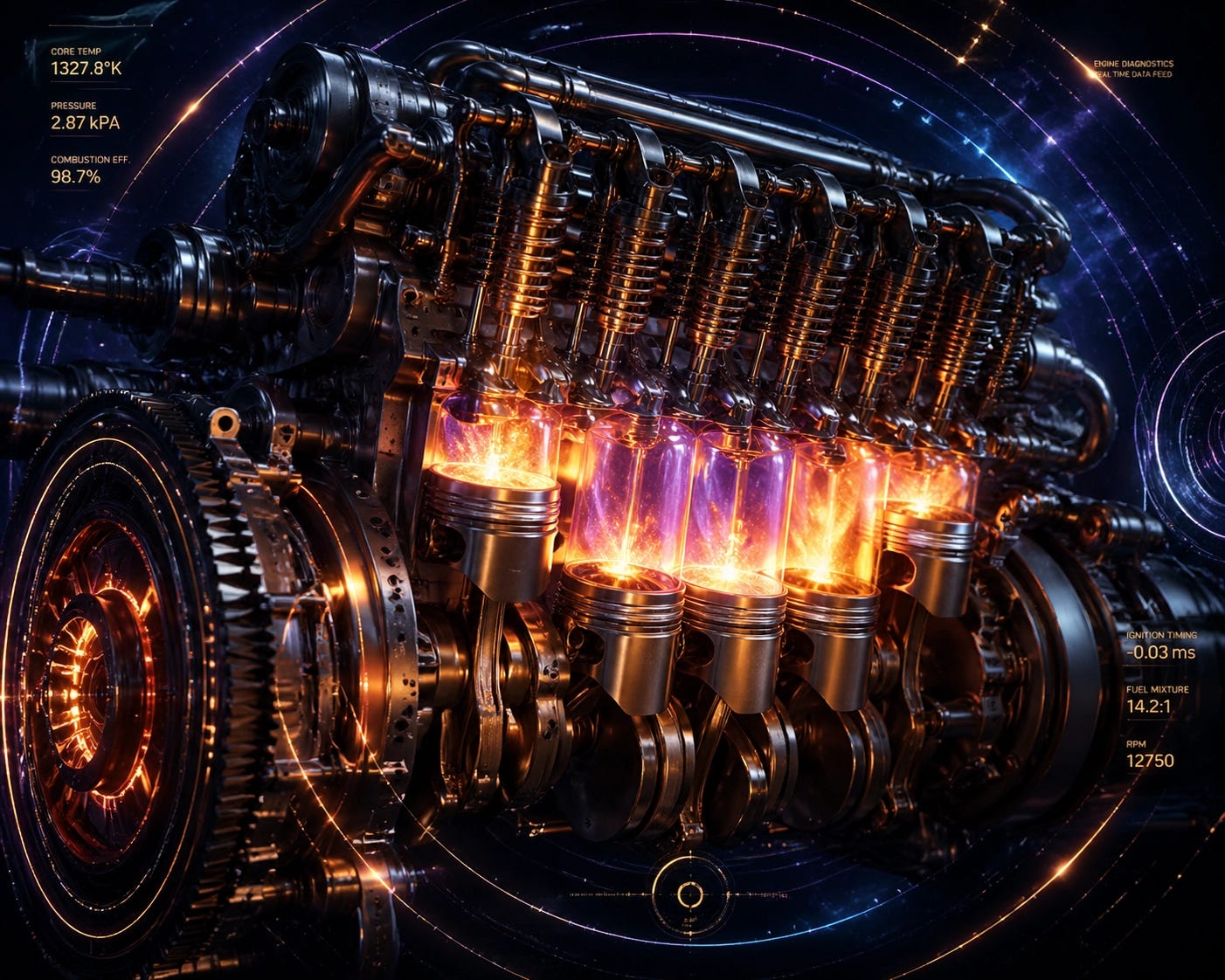 Glowing engine core in a cosmic garage representing the heat of the Translation Tax in The YOUniverse.