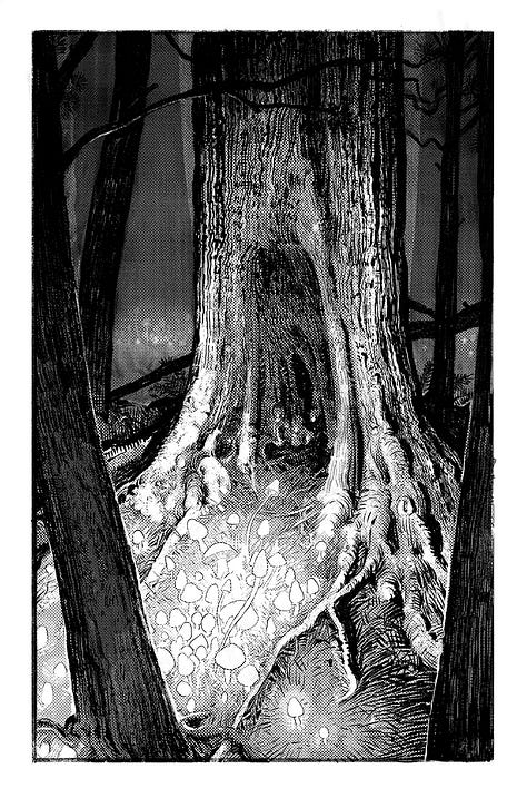 A sketch of some aliens, a small detail from a painting, and a black and white illustration of a spooky forest