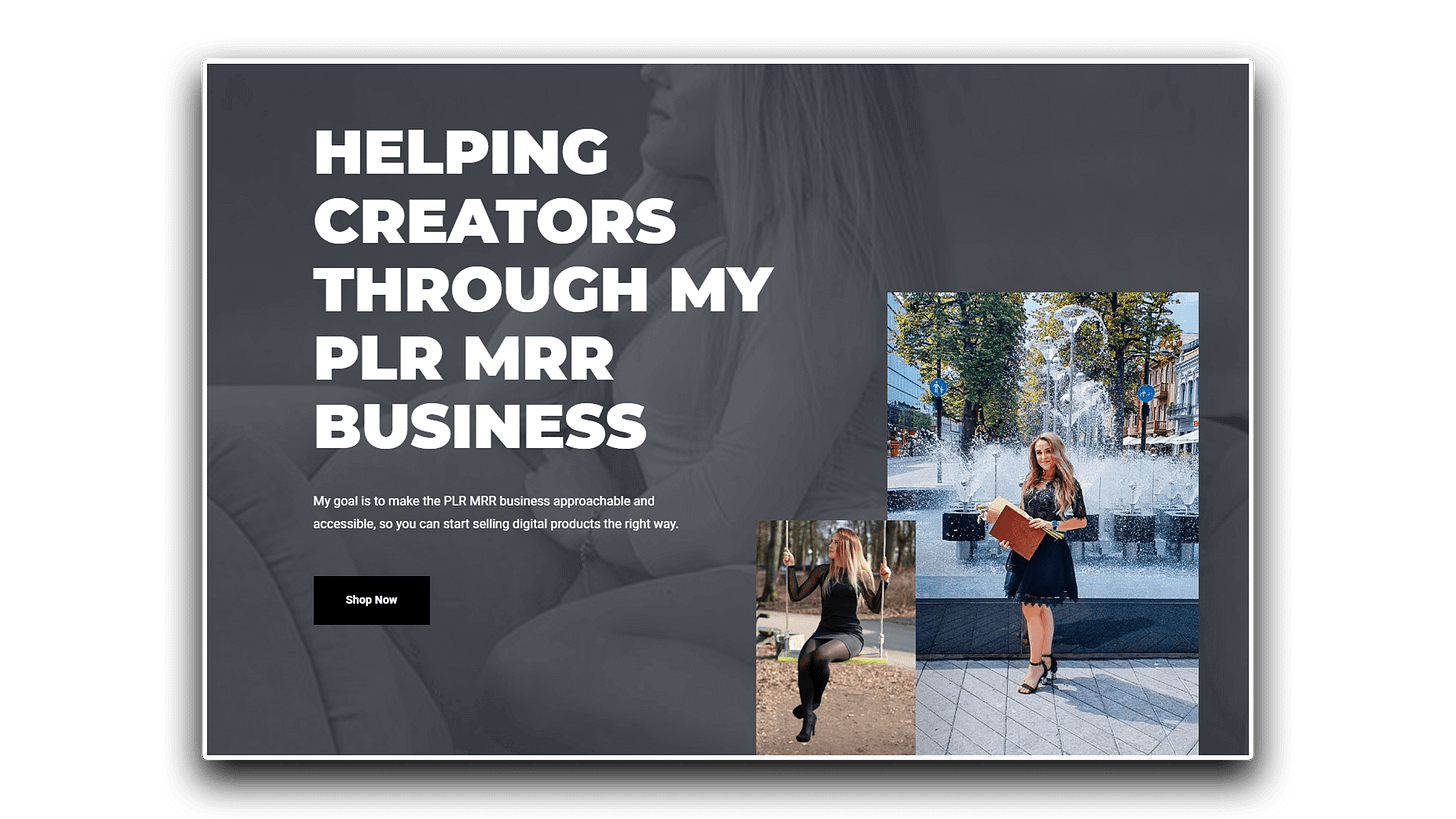 About page banner with Gabi on a couch, by a fountain, and on a swing; text says: “Helping creators through my PLR/MRR biz.”