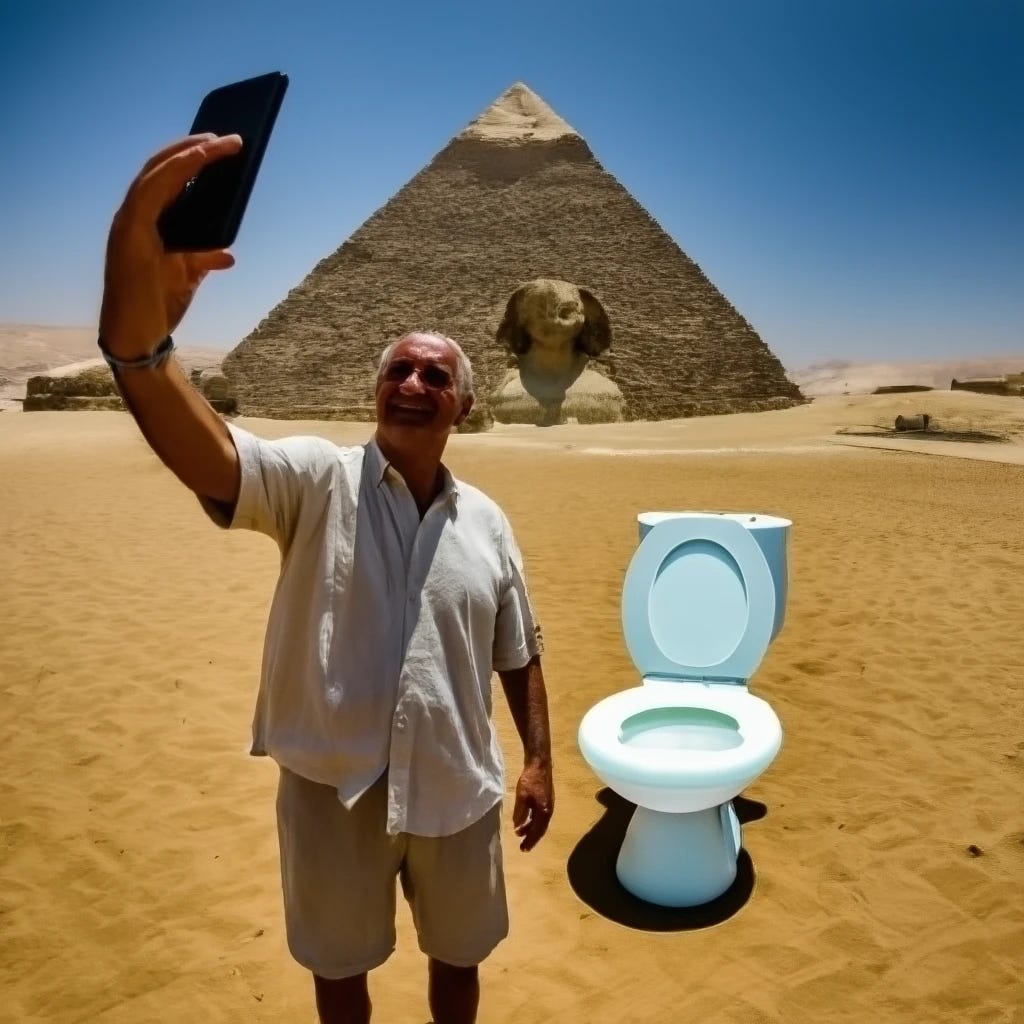 A man taking selfies in front of the egyptian pyramids with a large toilet in the background