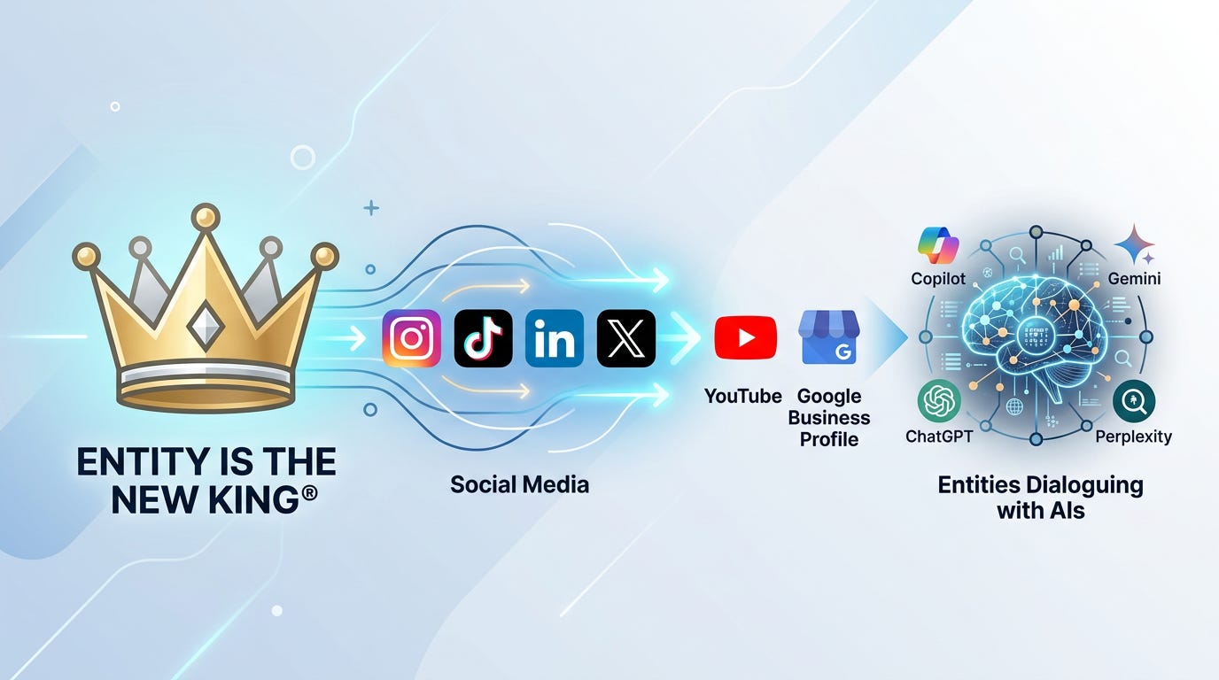 Infografica 'Entity Is The New King®' di Antonello Bertino con corona e diagramma di flusso: mostra il superamento del Content Marketing a favore dell'Entity Authority per l'ottimizzazione GEO su Gemini, ChatGPT e Perplexity tramite il Metodo WP-Forza 10®.