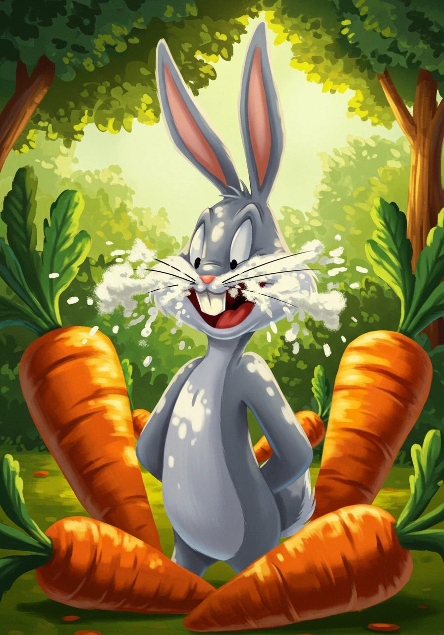 Bugs Bunny with white powder all over face and nose