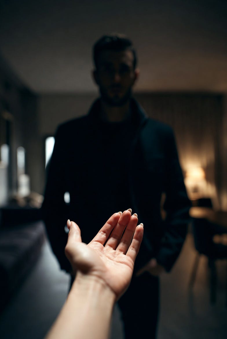 A man ignores a woman's outstretched hand in a dimly lit indoor setting.