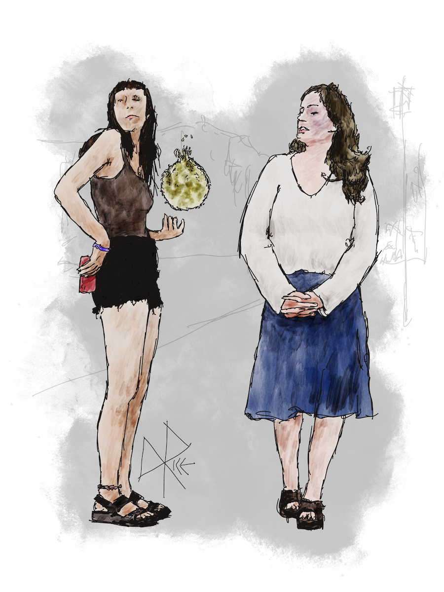 A standing woman moves her phone back into the rear pocket of her cutoff jeans while she uses her other hand to casually conjure and spin a sphere of magical fire. A passing woman strolls nearby and casts a suspicious look. Sketch art by Don Rice. A standing woman moves her phone back into the rear pocket of her cutoff jeans while she uses her other hand to casually conjure and spin a sphere of magical fire. A passing woman strolls nearby and casts a suspicious look. Sketch art by Don Rice.