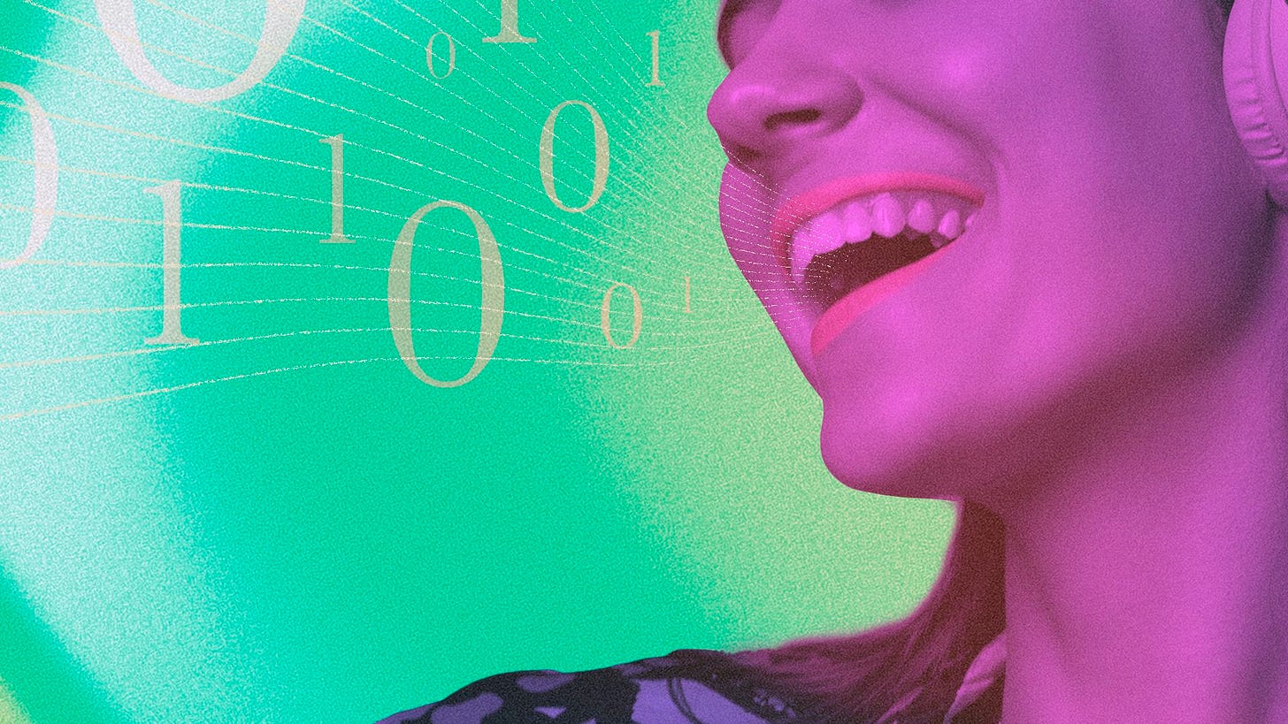Illustration of a woman singing with wavy lines and binary code coming out her mouth