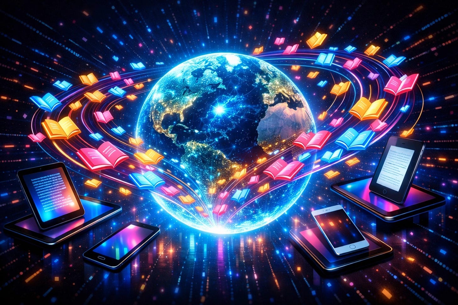 A globe surrounded by digital devices and flying books, representing global distribution and selling wide.