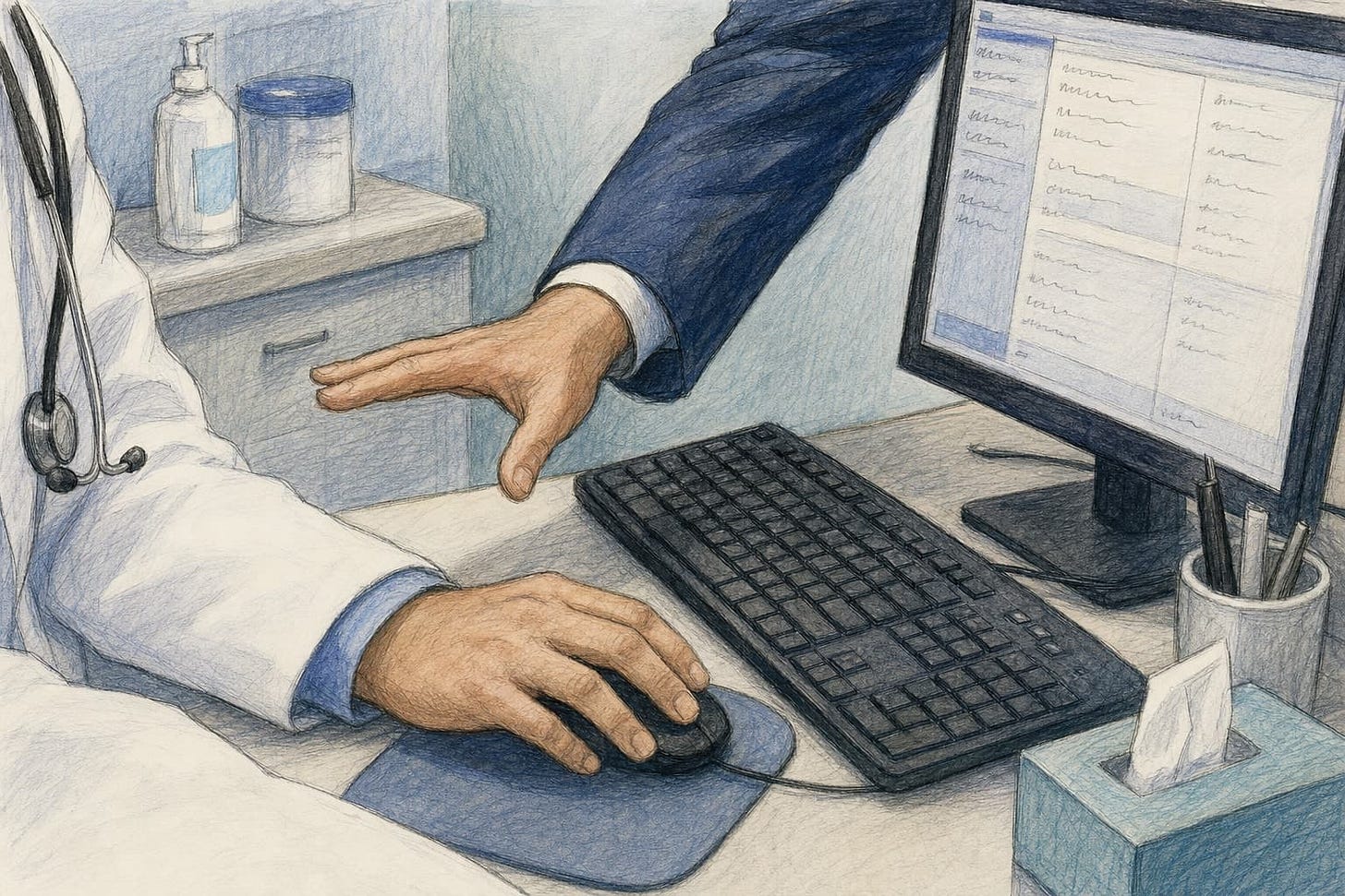 A hand-drawn editorial sketch shows a cropped medical examination-room workstation as a clinician’s hand rests on the mouse and a suited arm reaches…
