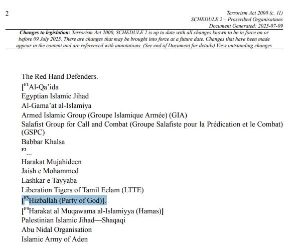 Hizbollah listed as a terrorist group in a statute