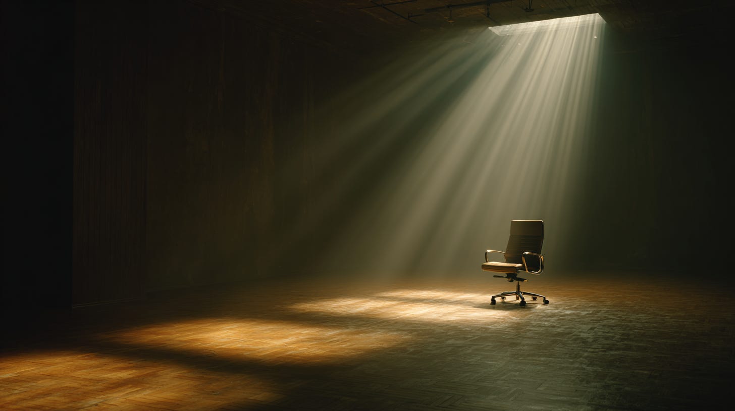 A tilted-back empty chair sits beneath a beam of warm light falling through a skylight in a dimly lit boardroom, dust particles suspended mid-air in the stillness.