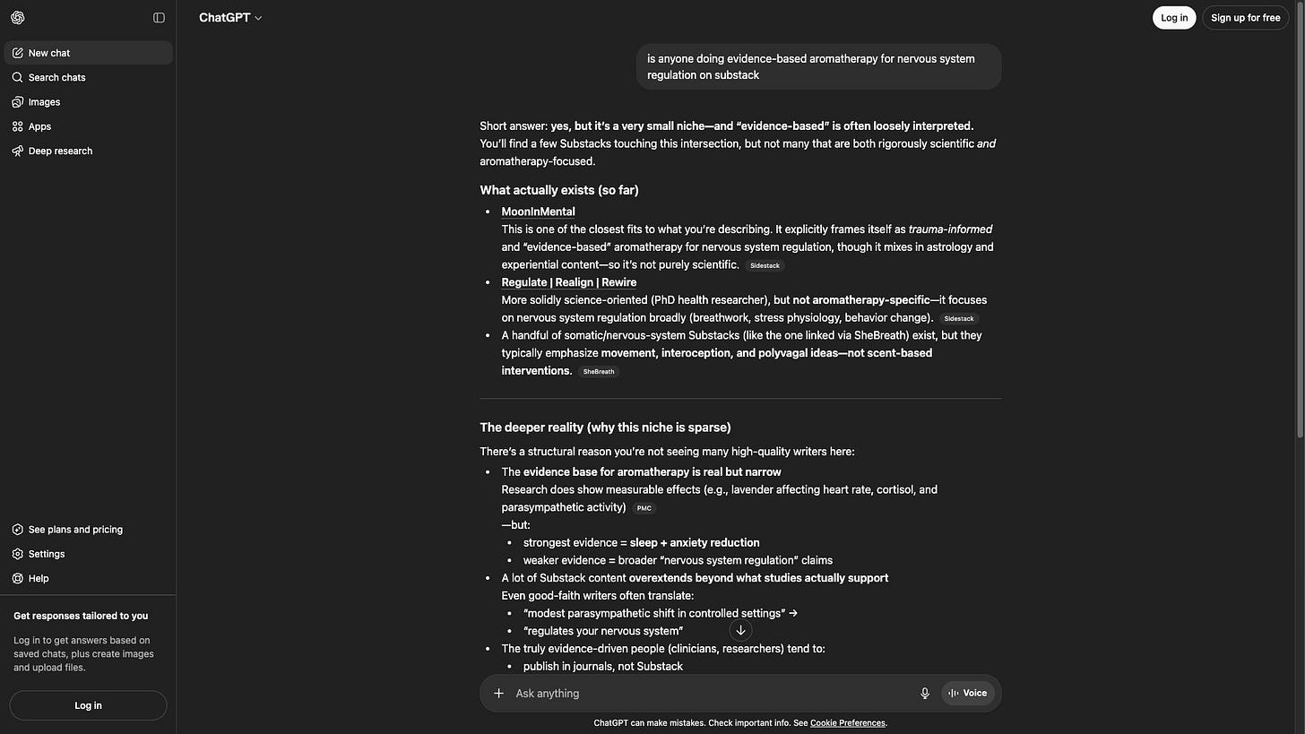 ChatGPT response to "is anyone doing evidence-based aromatherapy for nervous system regulation on Substack" naming MoonInMental first under "What actually exists" with full positioning quoted. The Visible Practitioner GEO case study, May 2026