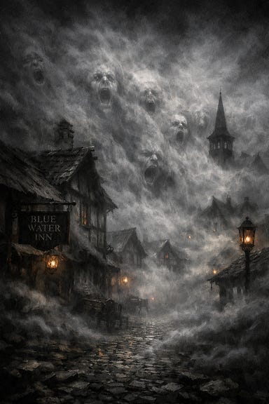 The Whispering Wall consuming Vallaki — a Barovian‑Gothic vision focused entirely on the town and the advancing Mists. No figures, no castle — only the doomed streets and rooftops as the fog rolls in like a living tide. The Blue Water Inn, half‑shrouded, anchors the foreground. Cobblestone streets vanish beneath the ashen fog. Ghostly faces twist within the mist, their mouths open in silent screams as lanterns flicker and die. The Mists coil around rooftops, church spires, and timbered houses, swallowing Vallaki whole in suffocating shadow.