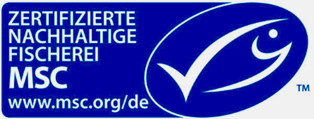 Blau-weisses MSC-Siegel für zertifizierte nachhaltige Fischerei. Links steht «Zertifizierte nachhaltige Fischerei – MSC», rechts das stilisierte Fischlogo des Marine Stewardship Council. Blau-weisses MSC-Siegel für zertifizierte nachhaltige Fischerei. Links steht «Zertifizierte nachhaltige Fischerei – MSC», rechts das stilisierte Fischlogo des Marine Stewardship Council.