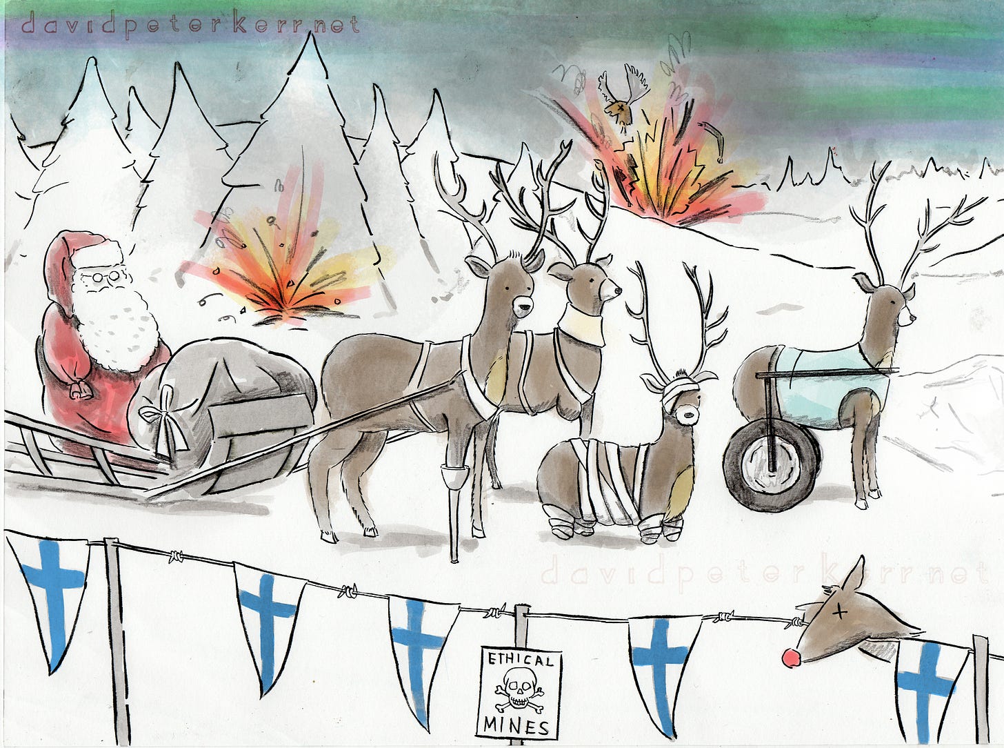 Santa’s sleigh and reindeer are in a snowy forest with explosions in the background. Several reindeer are injured and bandaged, one has a wheel for a leg. In the foreground is a line with with Finnish flags and a sign reading “Ethical Mines.”