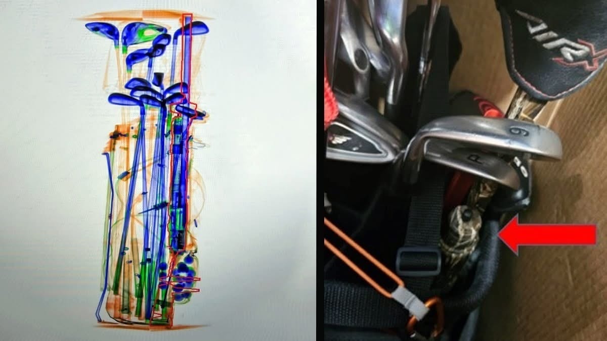 Photo shows camo pew pew in a golf club bag and X-ray image of the item with the gulf clubs.