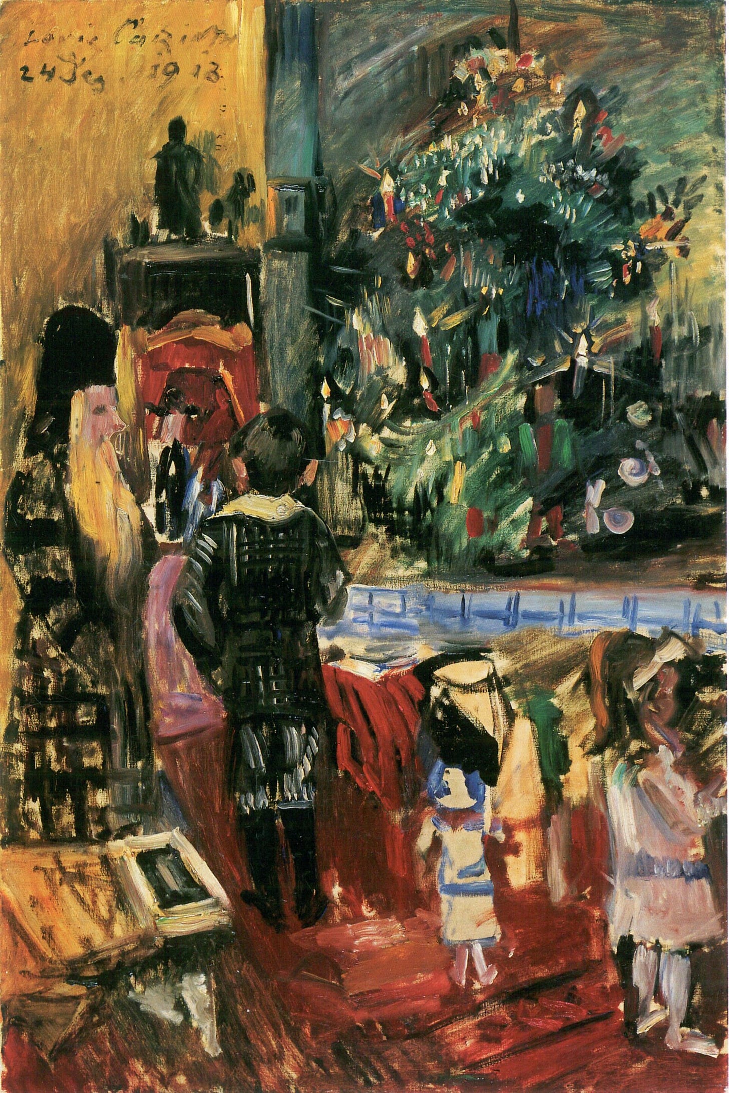A room filled by a tall fir tree covered in candles, with a woman dressed as Father Christmas with a long blond beard on the left, a boy seen from behind in the center and a little girl bending over her presents on the right.