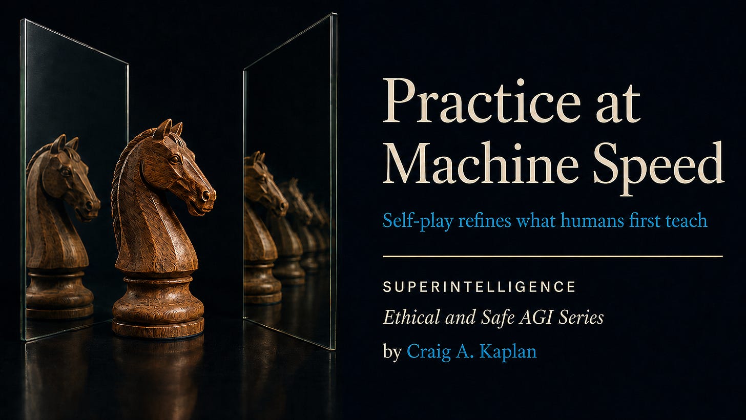 Carved wooden chess knight between mirrors with repeated reflections. Text: “Practice at Machine Speed. Self-play refines what humans first teach. SUPERINTELLIGENCE. Ethical and Safe AGI Series. by Craig A. Kaplan.”