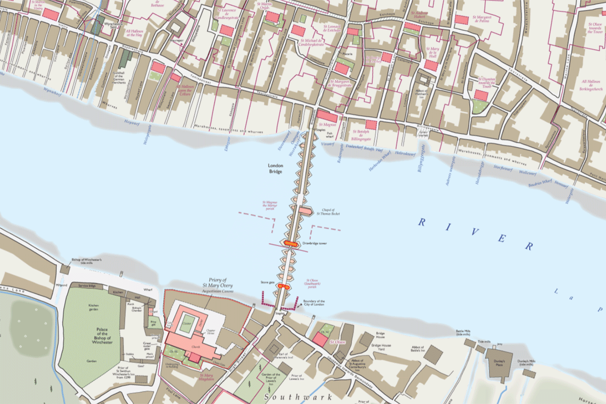 A medieval map of London, showing London Bridge, which transitions into a contemporary map of the same view of London A medieval map of London, showing London Bridge, which transitions into a contemporary map of the same view of London