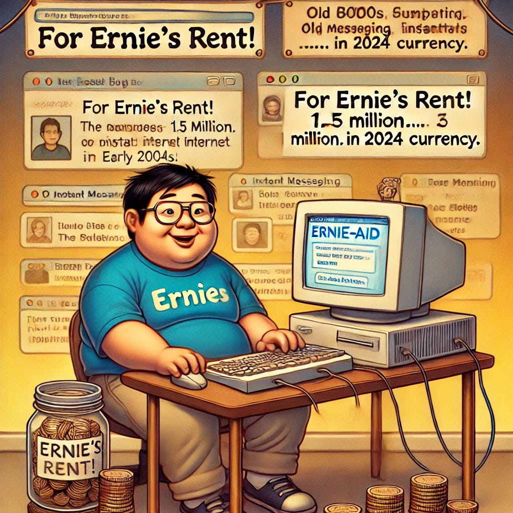 A humorous illustration featuring a chubby Asian man with glasses (representing Ernie) in a nostalgic 2000s blogging scene. He's seated at a vintage desktop computer, surrounded by icons of classic 2000s internet elements like old blogrolls, instant messaging, and playful fundraising jars labeled 'Ernie-Aid.' On his desk is a small pile of coins symbolizing the modest funds raised. The backdrop evokes a warm, friendly community vibe, with people connected by links in the blogroll, forming a digital network. The scene feels lighthearted and quirky, nodding to the supportive, grassroots internet era of the early 2000s. Text banners hint at the fundraiser, with playful text like ‘For Ernie’s Rent!’ or ‘1.5 million...in 2024 currency.’ The setting combines a cozy, nostalgic, and humorous atmosphere. A humorous illustration featuring a chubby Asian man with glasses (representing Ernie) in a nostalgic 2000s blogging scene. He's seated at a vintage desktop computer, surrounded by icons of classic 2000s internet elements like old blogrolls, instant messaging, and playful fundraising jars labeled 'Ernie-Aid.' On his desk is a small pile of coins symbolizing the modest funds raised. The backdrop evokes a warm, friendly community vibe, with people connected by links in the blogroll, forming a digital network. The scene feels lighthearted and quirky, nodding to the supportive, grassroots internet era of the early 2000s. Text banners hint at the fundraiser, with playful text like ‘For Ernie’s Rent!’ or ‘1.5 million...in 2024 currency.’ The setting combines a cozy, nostalgic, and humorous atmosphere.