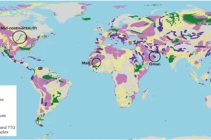 Hydrogen-potential terranes (Fig. 5) are widespread across all continents. The map highlights sedimentary basins (yellow) and those with evaporitic layers (pink), which may contain hydrogen trap structures. Black circles indicate notable hydrogen accumulations in key terrane types: Oman – Ophiolite Complex Australia – Amadeus Basin (alkaline granite complex) USA – Mid-continental rift (large igneous province) Mali – TTG/greenstone belt Terrane data are sourced from studies on ophiolites, large igneous provinces, basement rocks, sedimentary basins, and evaporites. Most continents host these hydrogen-favorable terranes. However, local details on hydrogen generation, migration, trapping, and preservation are essential to assess commercial viability.
