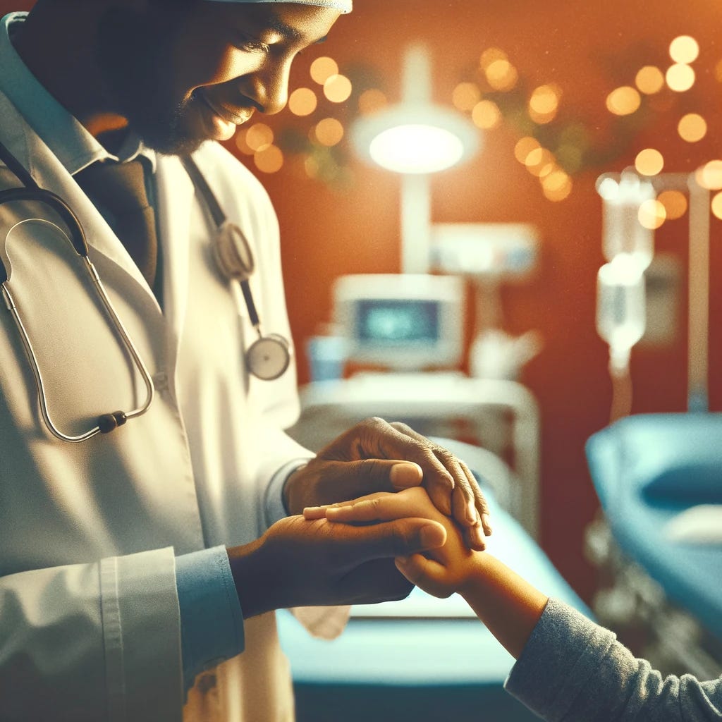 A compassionate and hopeful scene depicting a healthcare professional gently holding the hand of a child with Sickle Cell Disease in a hospital setting. The environment is warm and comforting, with soft lighting and a background of medical equipment subtly suggesting a pediatric ward. The focus is on the connection and trust between the patient and the healthcare provider, symbolizing care, understanding, and the promise of effective pain management without the visual presence of opioids or explicit medical treatments. The image evokes a sense of hope, safety, and the supportive relationship crucial for patient care.