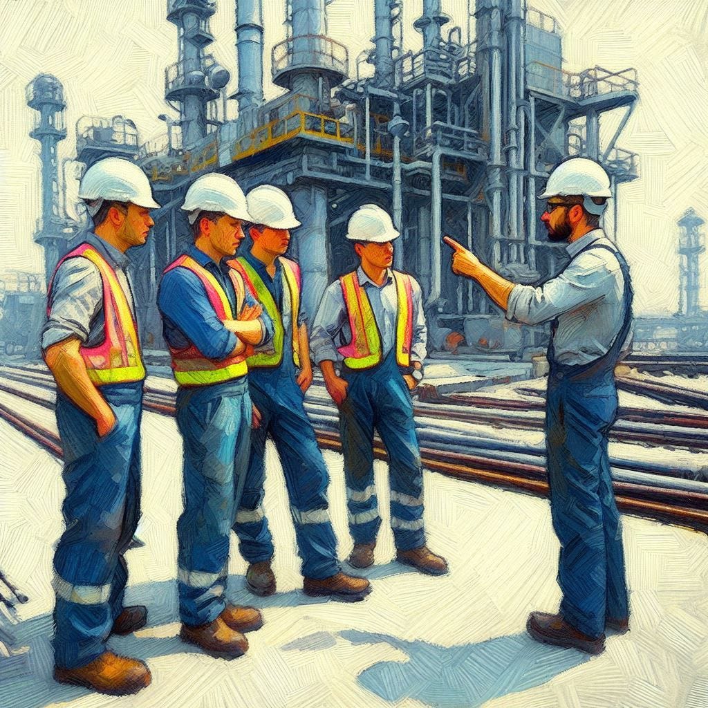 Four laborers in hard hats are working hard at an industrial site. A fifth laborer in a hard hat, who is the same size as the other four, is pointing his finger at them telling them what to do. Impressionist-style.