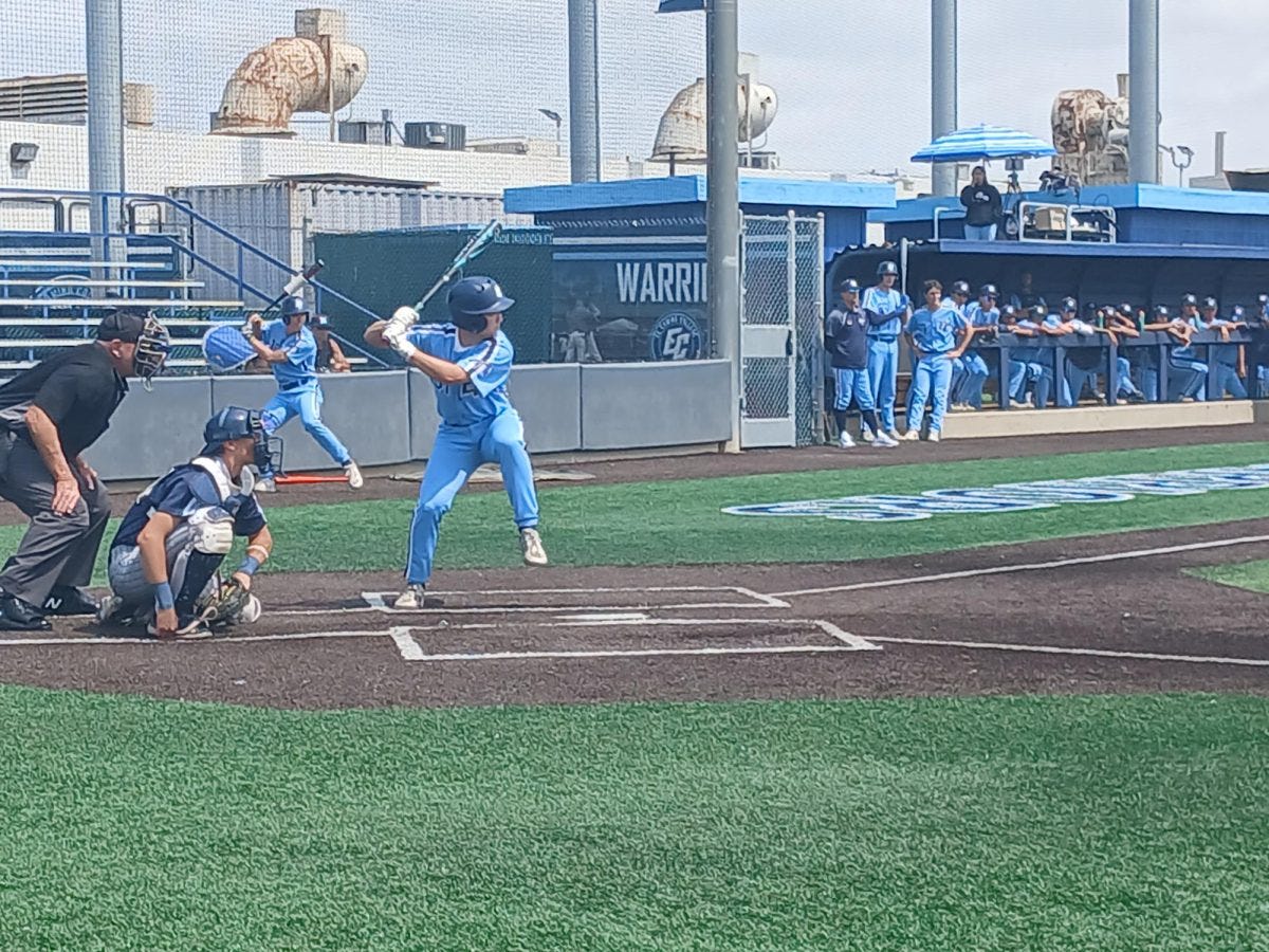 El Camino College outfielder Daniel Craig prepares to bat in the bottom of the third inning of Saturday's game that took place at Warrior Field on Mar. 29, 2025. The Warriors defeated the Falcons 8-7. (Tina Talley | The Union)