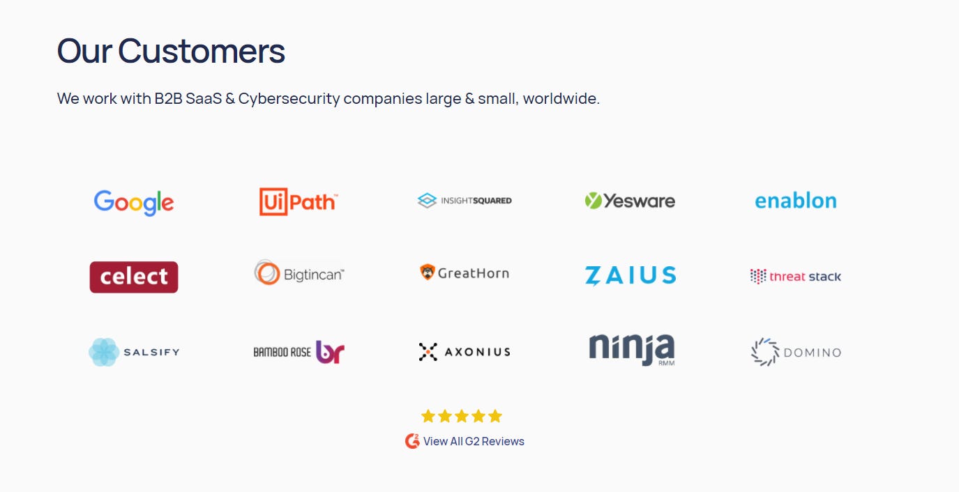 Customer logo strip featuring companies like Google, UiPath, Yesware, and others to establish SaaS credibility.