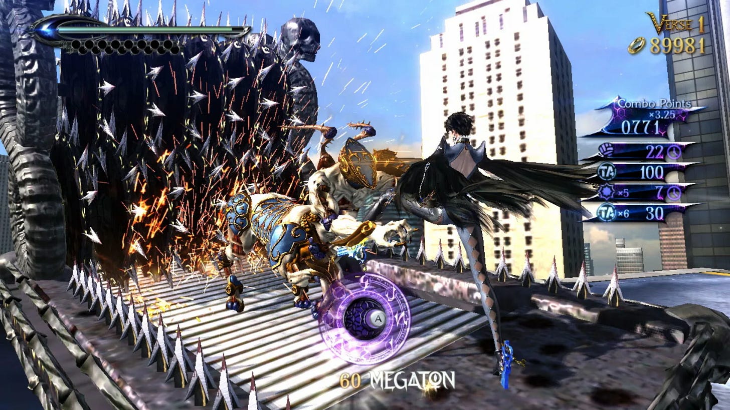 Bayonetta holds an angel near spike wheels.