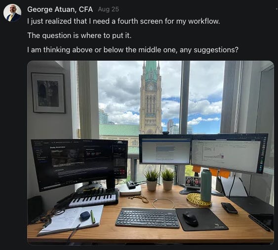 Photo from Beating The Tide CLS deep dive showing George Atuan’s trading and writing setup with three monitors and Parliament view, discussing where to add a fourth screen for workflow efficiency.