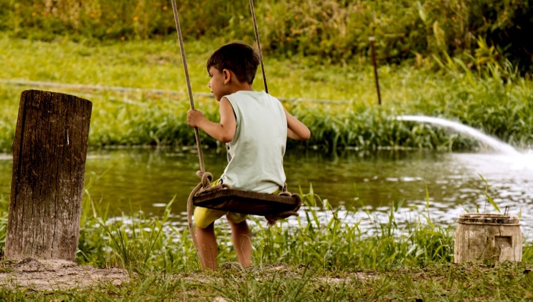 a young boy swinging on a rope near a pond