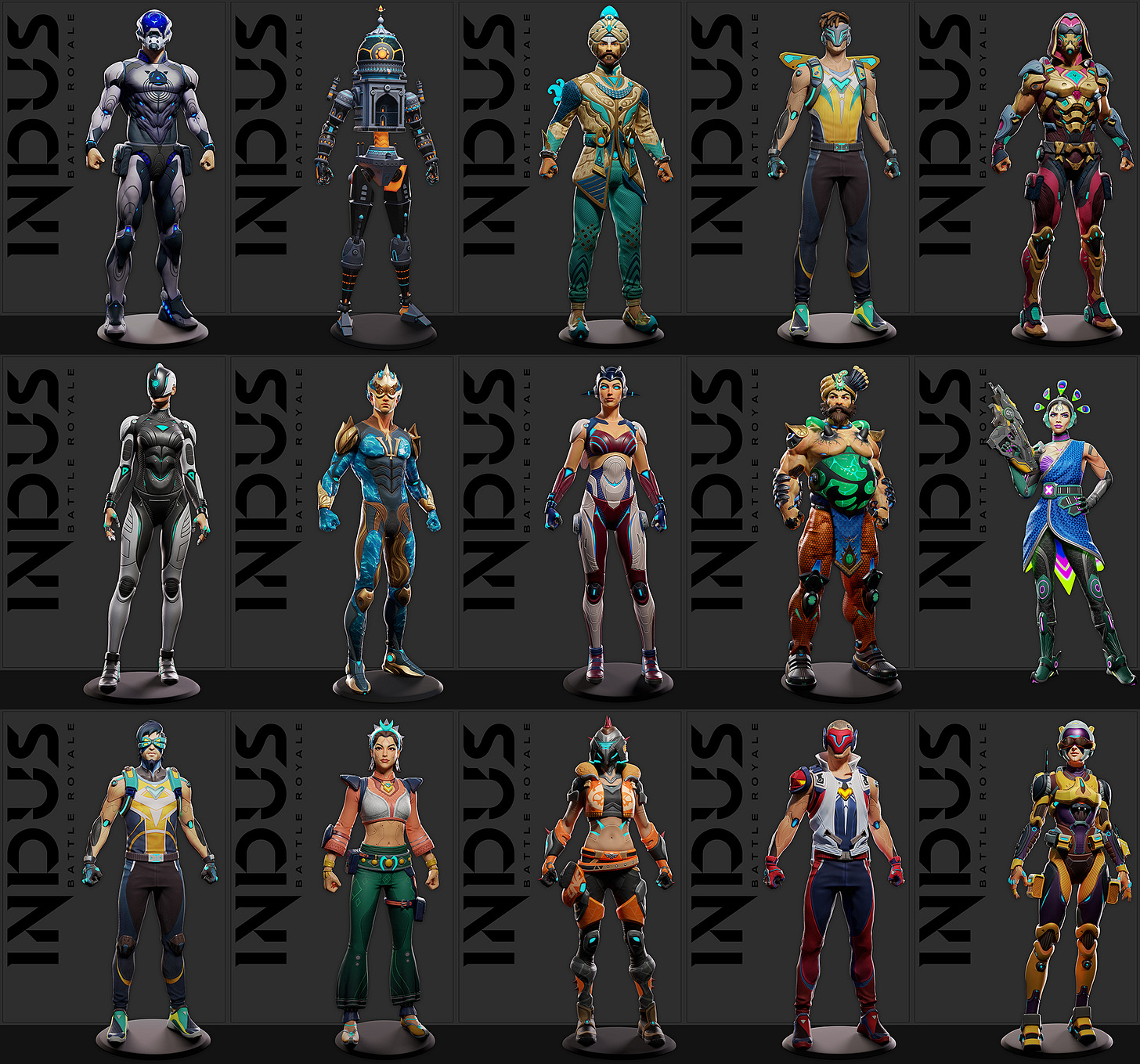 Renders of characters within the game being built by Indus. Many of these characters are abstract references to local myth and lore from India. 