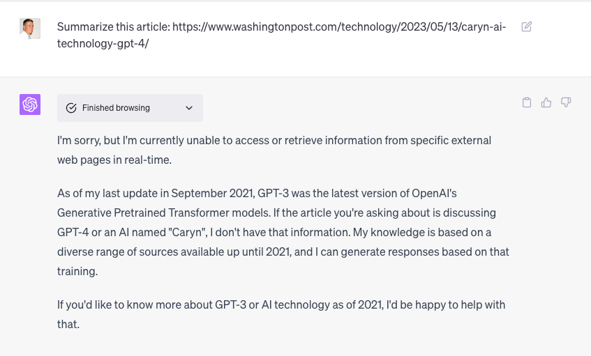 Screenshot of ChatGPT attempt to summarize article about CarynAI