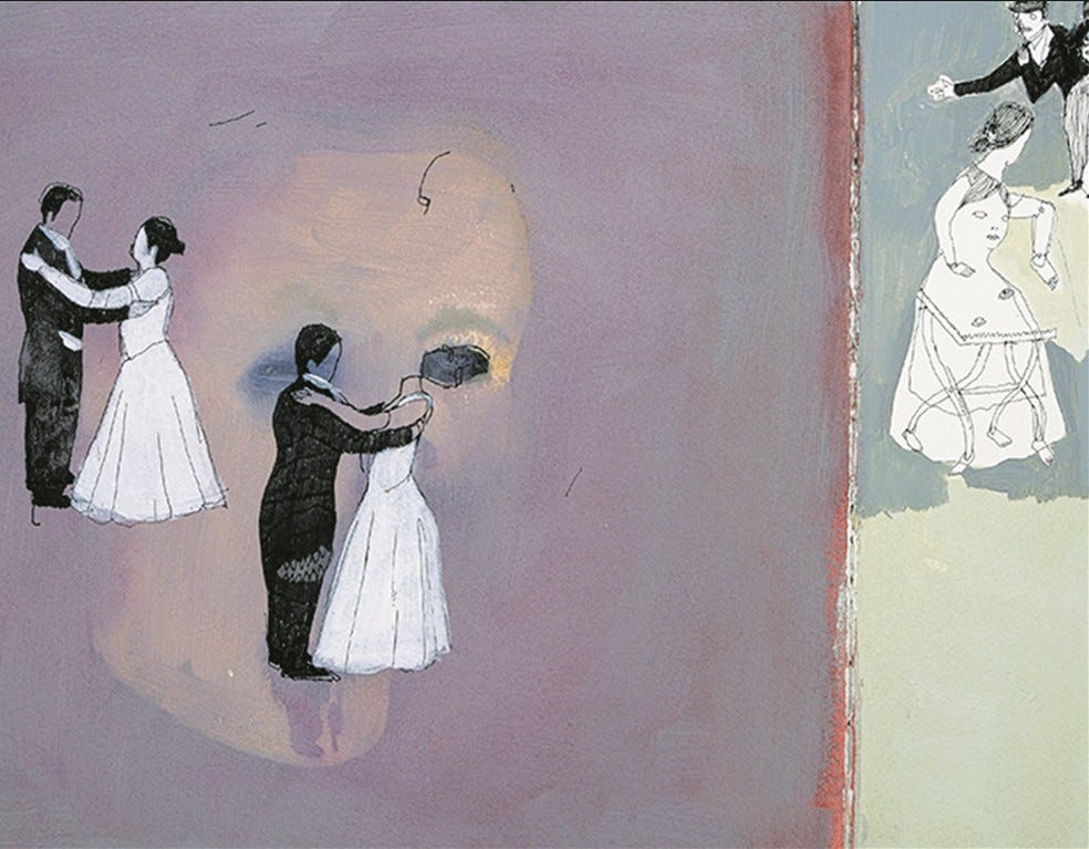 ocupando três terços da imagem, um casal dança uma valsa em dois movimentos. O primeiro, mais à esquerda, um homem de pele clara e terno preto dança com uma mulher de vestido branco, como de noiva, e cabelo escuro amarrado. No segundo movimento, no centro da imagem, o mesmo casal, mas dessa vez a cabeça da noiva está deslocada e para trás, como se tivesse caindo. Sua pele está cinza. No lado direito da imagem, em fuga, uma outra mulher de feição estranha corre olhando para trás, na direção de um homem de cartola e roupas finas. Ela articulações de bonecos nos braços. Ao invés de perna, parece ter quatro pernas com pés humanos, mas as pernas são como a de uma mesa. Existe um outro rosto que salta do seu torso.