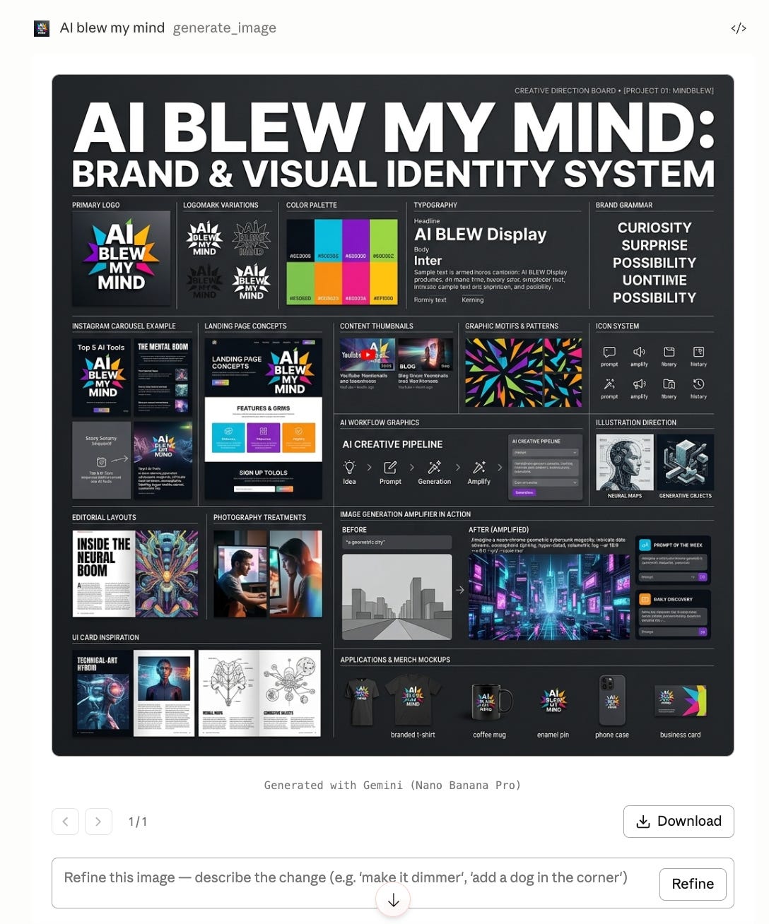AI-generated creative direction and visual identity board for AI BLEW MY MIND created with Nano Banana Pro inside Claude using AI BLEW MY MIND Amplifiers. The large editorial-style brand system presentation combines multiple visual identity sections within a cohesive dark-themed design board, including primary logos, logo variations, typography systems, color palettes, Instagram carousel concepts, landing page mockups, content thumbnails, icon systems, graphic motifs, editorial layouts, photography treatments, illustration direction, UI card inspiration, workflow graphics, and branded merchandise applications. One dedicated section demonstrates the Image Generation Amplifier in action with before-and-after AI image examples, prompt workflow interfaces, and generated cyberpunk-style visuals. The composition uses bold typography, neon-inspired accent colors, structured grid layouts, realistic product mockups, and polished Behance-style creative agency presentation aesthetics to showcase a complete modern AI media brand ecosystem.
