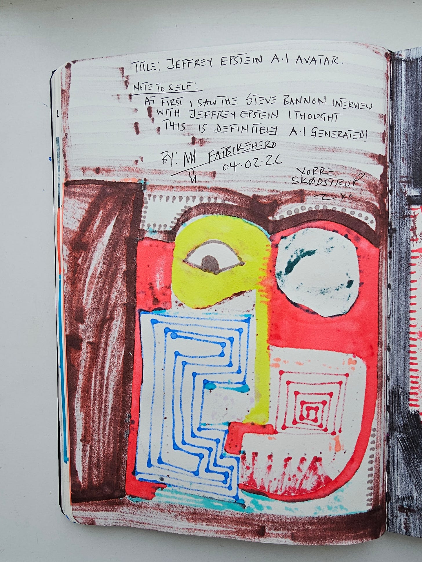 "Verso evidence of Human-Made Art: Ink bleed-through and handwritten notes by FatbikeHero (b. 1983) verifying the non-digital origin of the work. Reads: 'This is definitely A.I. generated!'"