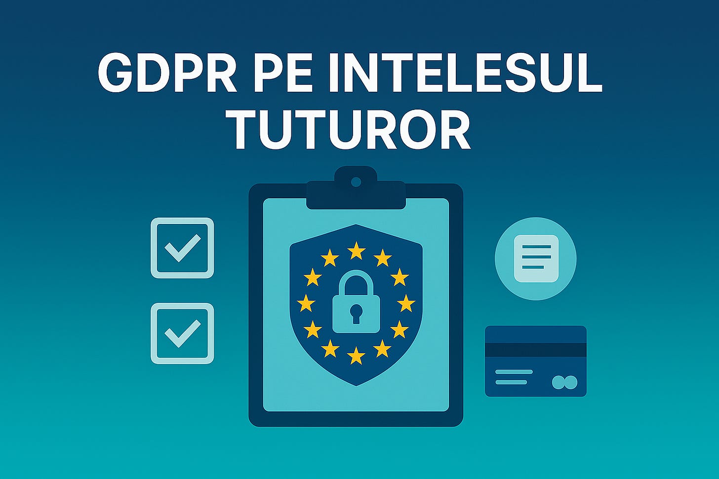 Banner vectorial flat 16 : 9, gradient bleumarin-cyan; titlul alb «GDPR PE INTELESUL TUTUROR» (fără diacritice). În centru, un clipboard cu scut albastru conținând lacăt și stelele UE; în stânga două căsuțe ‘checkbox’ bificate, în dreapta pictograme document și card bancar – stil modern, margini clare, ton profesional de conformitate.
