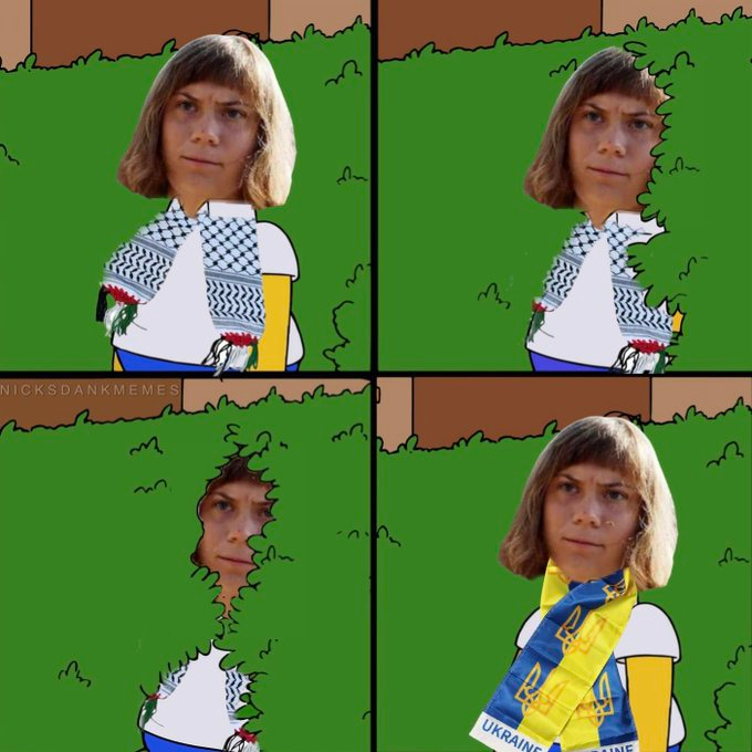 Four-panel cartoon meme with a young womans face resembling Greta Thunberg on a body in casual clothing. First panel shows her standing with arms at sides against brown background. Second panel depicts her emerging from green bushes wearing a patterned keffiyeh scarf and holding a Ukrainian flag. Third panel has her peeking through green foliage with the same Palestinian-style keffiyeh. Fourth panel shows her fully visible from bushes in a white shirt with blue and yellow Ukrainian scarf around neck and arms extended.
