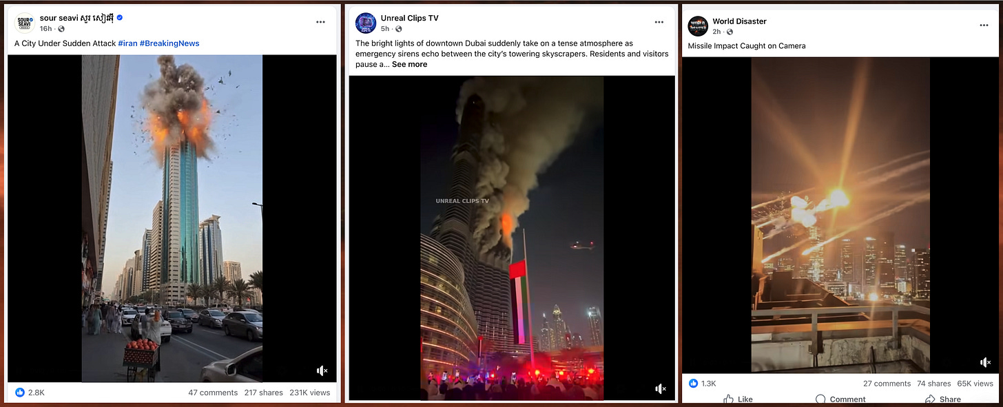 AI-generated war videos posted by various Facebook accounts
