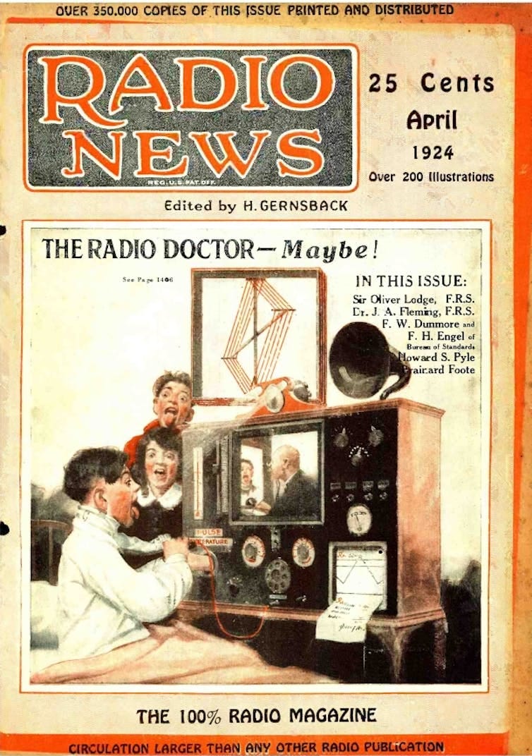 Cover of old magazine called Radio News, including image of a 'radio doctor' Cover of old magazine called Radio News, including image of a 'radio doctor'