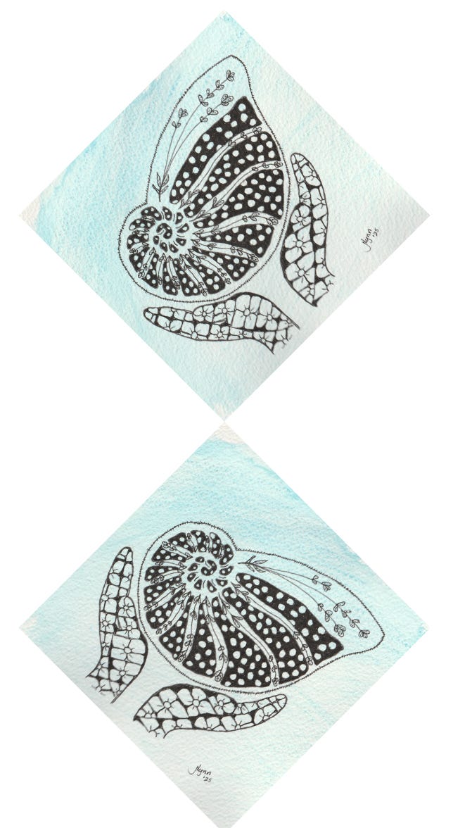 Top Zentangle: Zentangle-style ink and watercolor design of two mirrored abstract forms reaching for one another. The background is washed in a soft blue gradient, symbolizing emotional duality.  Botton Zentangle: A continuation of the mirrored design, this drawing shows two distinct yet similarly structured shapes gently pulling apart. Star motifs surround them, hinting at spiritual or emotional release.