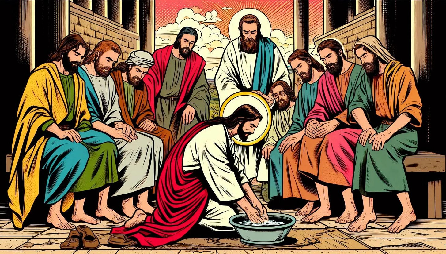 jesus kneels at the feet of his disciplies and washes their feet, comic book art