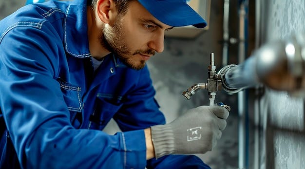 Handsome young plumber in blue uniform fixing water pipe ... Handsome young plumber in blue uniform fixing water pipe ...